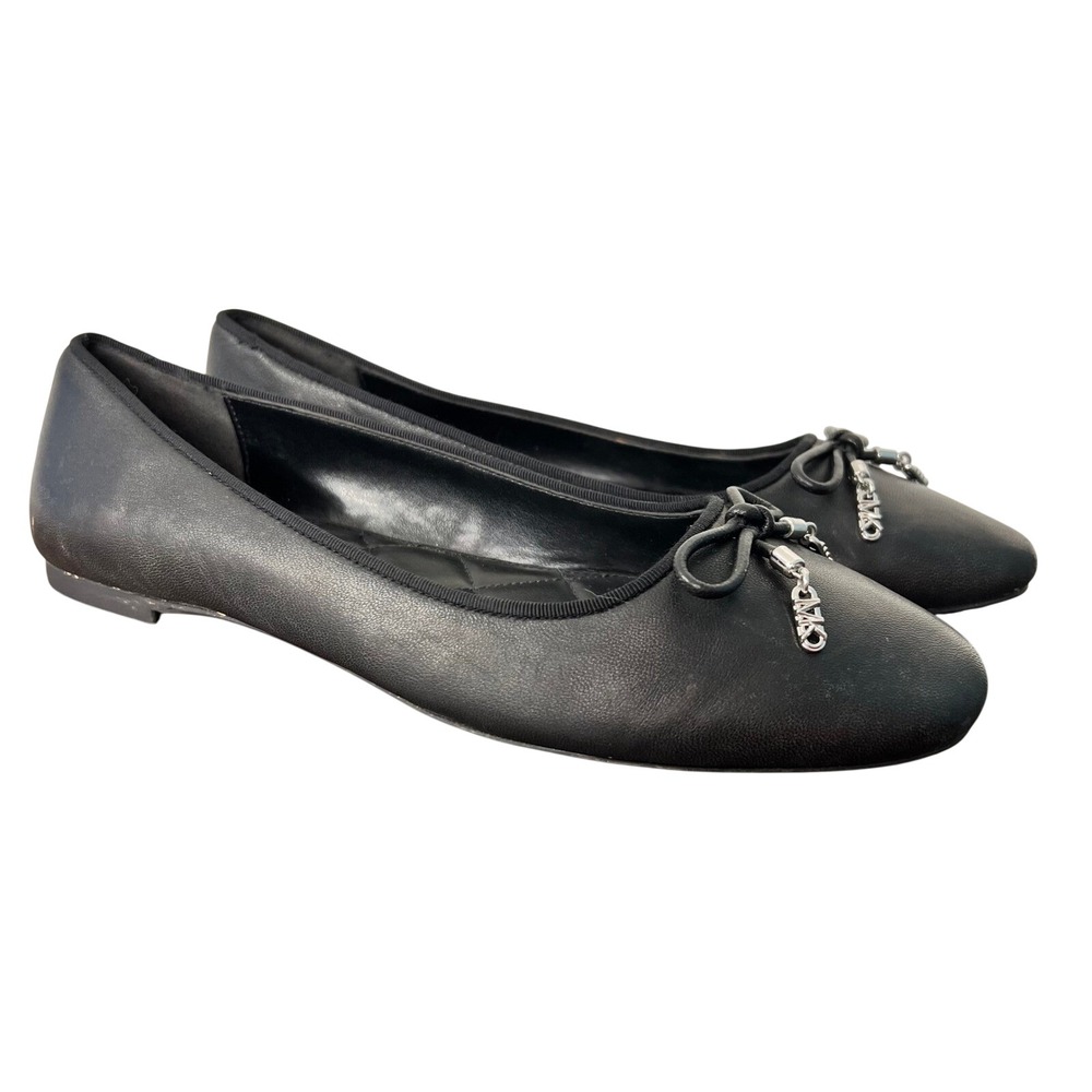 Michael Kors Black Leather Ballet Flats Size 8 Bow MK Logo Charms Luxury Capsule
